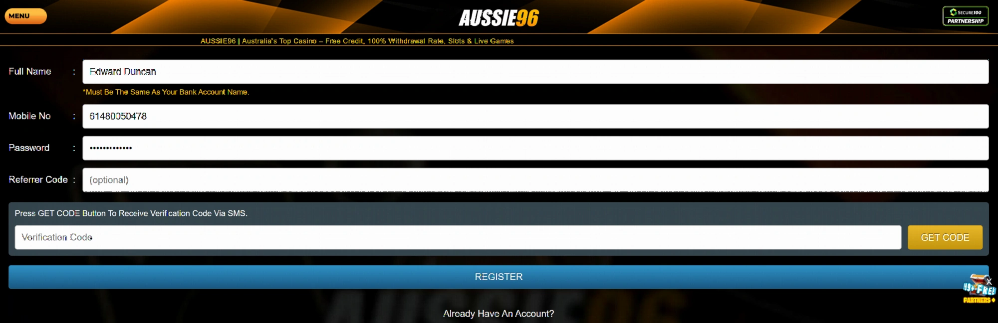 Aussie96 Casino registration process for Australian players